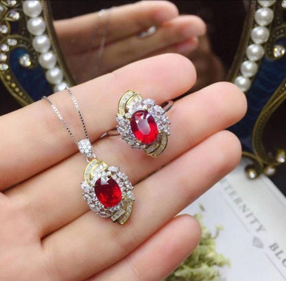 Natural Ruby in Sterling Silver with zircon adjustable ring and necklace set Great Gift for Her