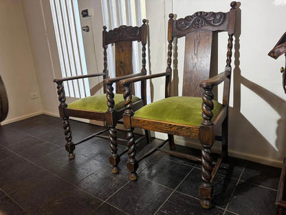A pair of Antique solid timber chair excellent condition green velvet