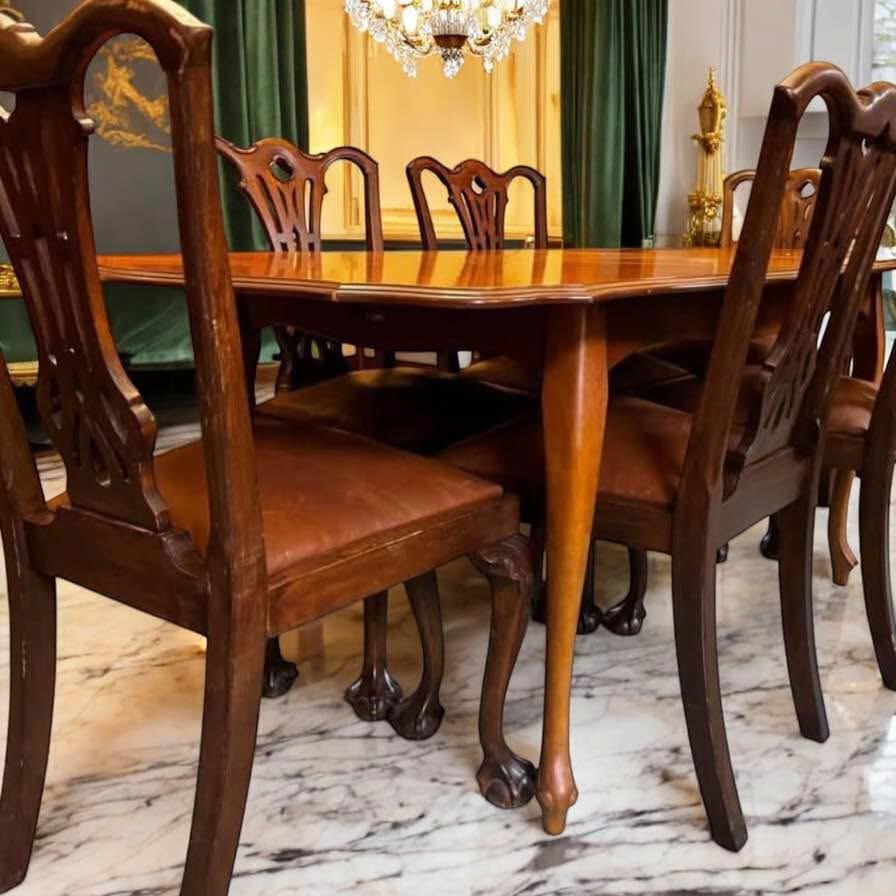 6 Vintage walnut hand caved dinging chairs refurbished leather seats strong and firm new condition