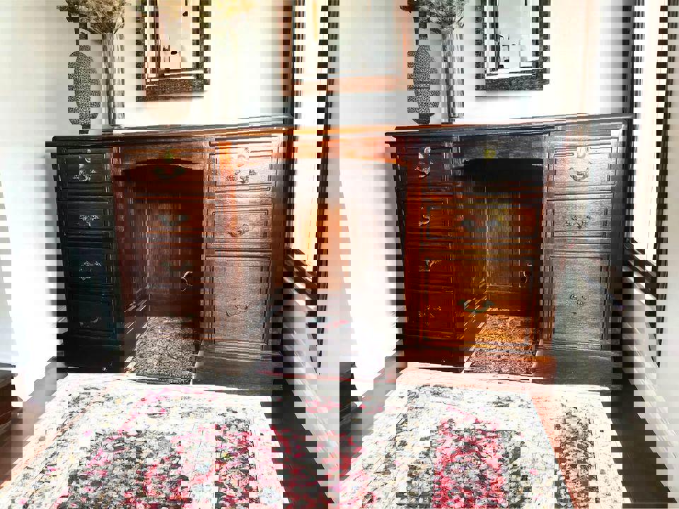 Antique 80 years+ walnut solid timber desk excellent condition pure brass acce