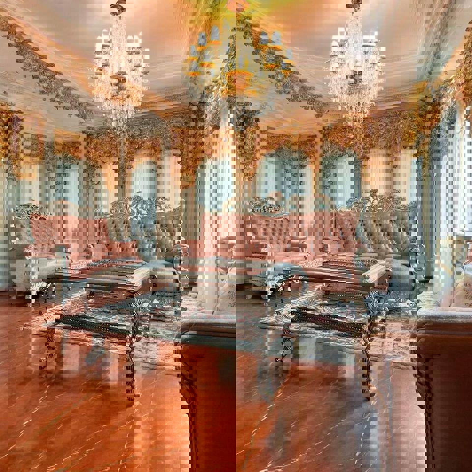 Pink leather vintage sofa set and matching wall unit and plant stands antique white living room Set