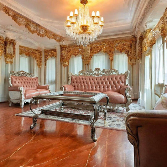 Pink leather vintage sofa set and matching wall unit and plant stands antique white living room Set