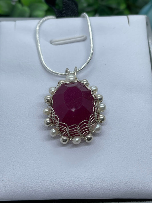 20ct Natural ruby pendant, two side wearing, Sterling silver pendant Seed pearls, antique, handmade,  Sterling silver,  Pendant, Gift