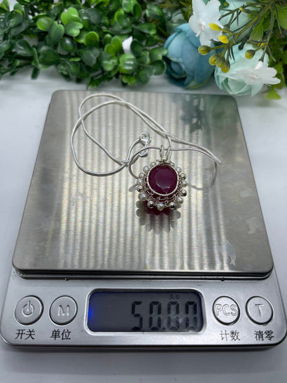 20ct Natural ruby pendant, two side wearing, Sterling silver pendant Seed pearls, antique, handmade,  Sterling silver,  Pendant, Gift