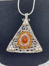 Load image into Gallery viewer, 8 ct Natural yellow sapphire pendant, Sterling silver pendant Seed pearls, antique, handmade, triangle, Sterling silver,  Pendant, Gift

