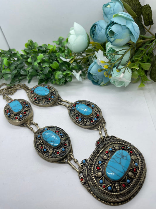 Beautiful Tibetan Silver plated Necklace with Turquoise and coral vintage handmade