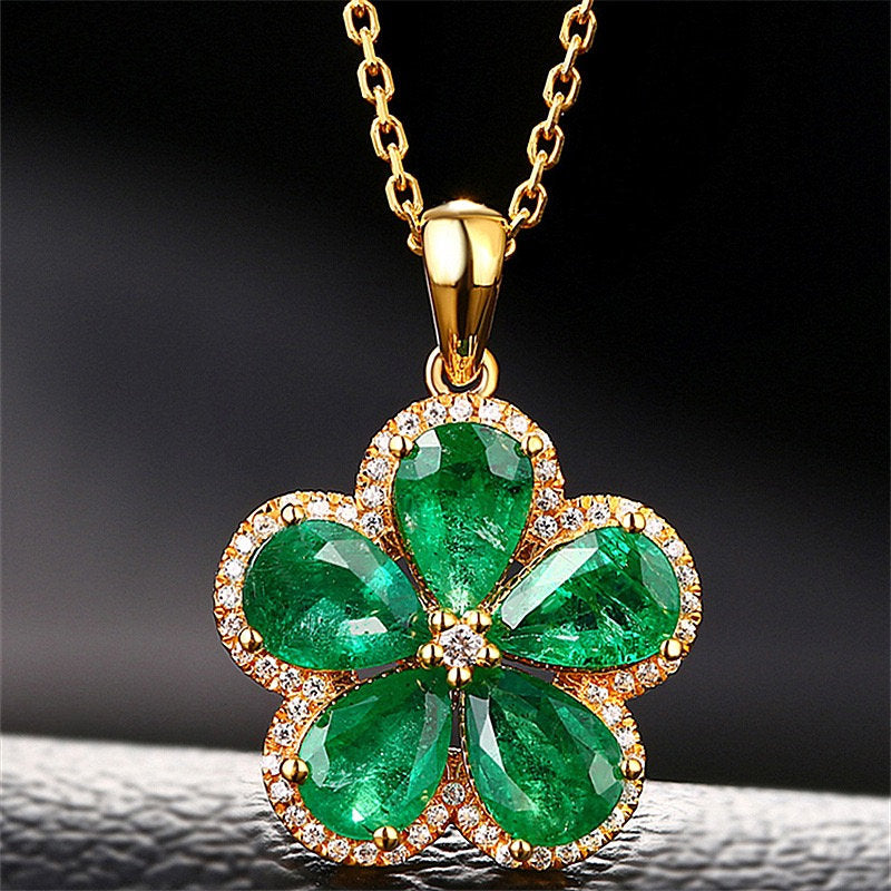 Gorgeous Womens 18K Yellow Gold Over Solid Sterling Silver Created Emerald/Diamond/Opal/Aquamarine Designer Necklace, Green/blue,birth stone