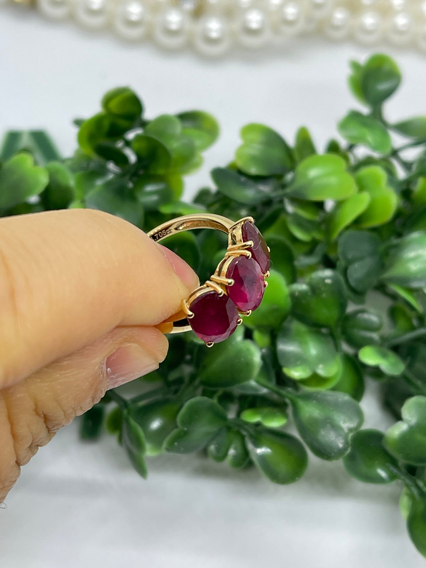 18K Gold Natural ruby three stone ring, 18K gold, handmade, Gift, women, natural ruby, US 7.5