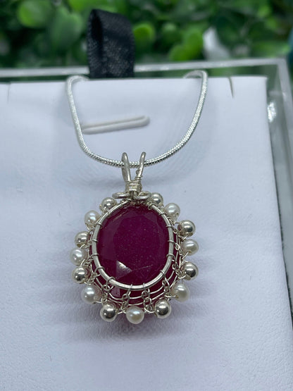 20ct Natural ruby pendant, two side wearing, Sterling silver pendant Seed pearls, antique, handmade,  Sterling silver,  Pendant, Gift