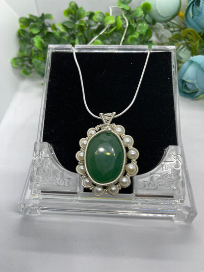 107ct Natural emerald pendant, two side wearing, Sterling silver pendant Seed pearls, antique, handmade,  Sterling silver,  Pendant, Gift