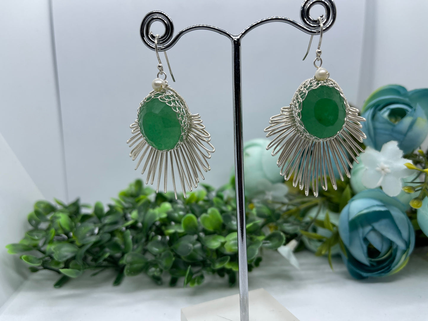 20ct Natural emerald earrings, Sterling silver earrings,Seed pearls, antique, handmade,  Sterling silver,  Pendant, Gift