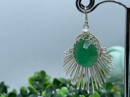 20ct Natural emerald earrings, Sterling silver earrings,Seed pearls, antique, handmade,  Sterling silver,  Pendant, Gift