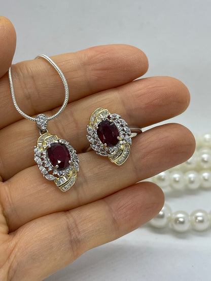 18K Gold plated Natural ruby pendant and Ring, Sterling silver pendant, two tones, handmade,  Sterling silver,  Pendant, Ring, Gift